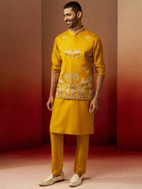 Men Mustard Silk 3-Piece Nehru Jacket Set